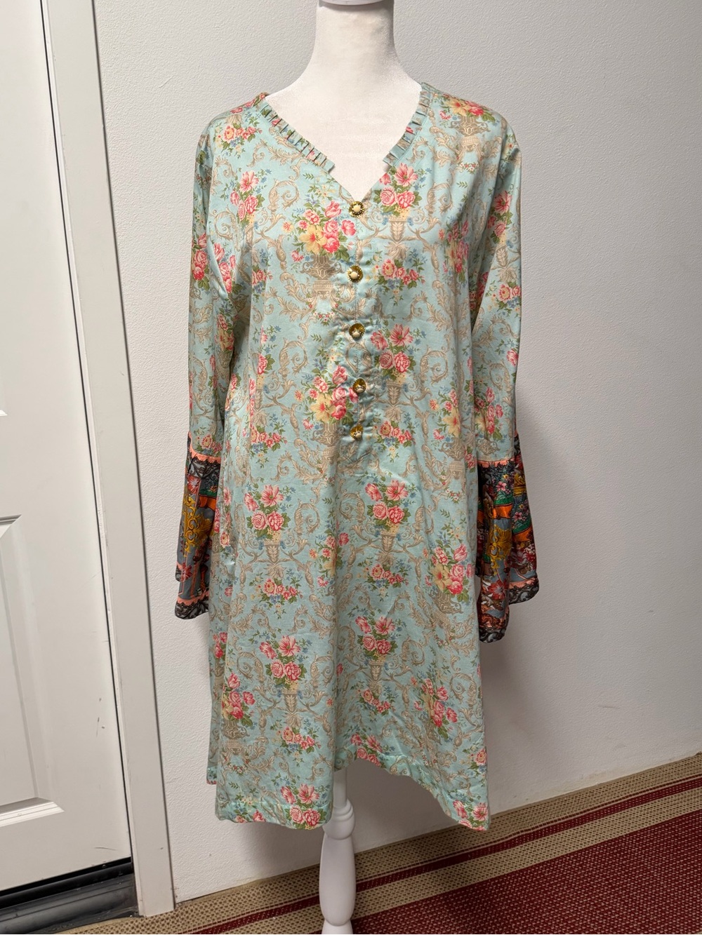 Bonanza Satrangi Floral Kurta Soft Light Blue Pink Flowers Fall Winter Pakistani